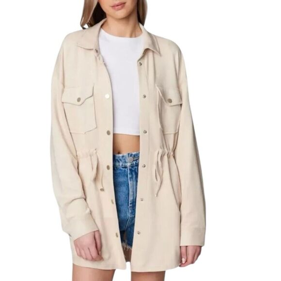 Blank NYC Shacket WMNS L Beige Snap Tied Jacket Longline Faux Suede Flap Pockets - Picture 14 of 14